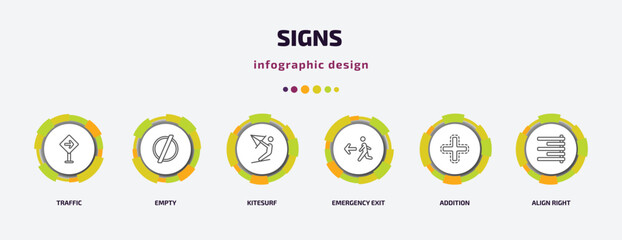 Poster - signs infographic template with icons and 6 step or option. signs icons such as traffic, empty, kitesurf, emergency exit, addition, align right vector. can be used for banner, info graph, web,
