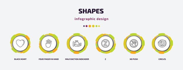 Poster - shapes infographic template with icons and 6 step or option. shapes icons such as black heart, four finger in hand, malfunction indicador, z, no push, circles vector. can be used for banner, info