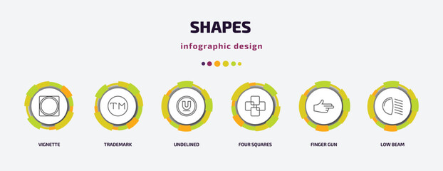 Poster - shapes infographic template with icons and 6 step or option. shapes icons such as vignette, trademark, undelined, four squares, finger gun, low beam vector. can be used for banner, info graph, web,