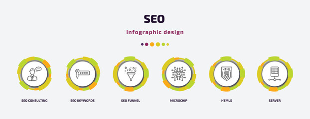 Poster - seo infographic template with icons and 6 step or option. seo icons such as seo consulting, keywords