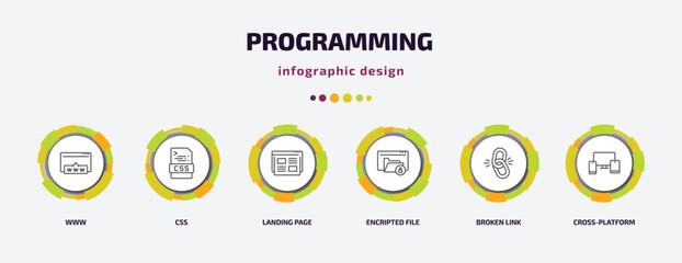 Poster - programming infographic template with icons and 6 step or option. programming icons such as www, css, landing page, encripted file, broken link, cross-platform vector. can be used for banner, info