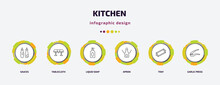 Kitchen Infographic Template With Icons And 6 Step Or Option. Kitchen Icons Such As Sauces, Tablecloth, Liquid Soap, Apron, Tray, Garlic Press Vector. Can Be Used For Banner, Info Graph, Web,