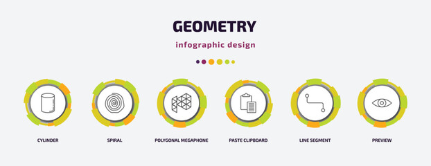Poster - geometry infographic template with icons and 6 step or option. geometry icons such as cylinder, spiral, polygonal megaphone, paste clipboard, line segment, preview vector. can be used for banner,