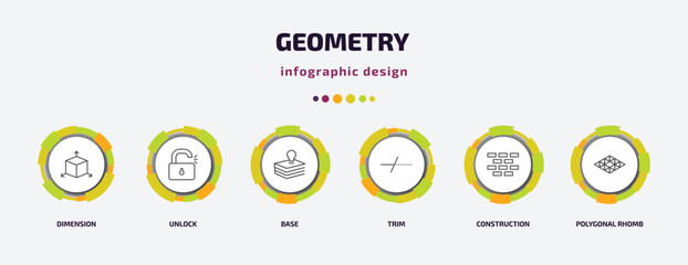 Poster - geometry infographic template with icons and 6 step or option. geometry icons such as dimension, unlock, base, trim, construction, polygonal rhomb vector. can be used for banner, info graph, web,