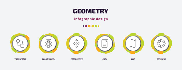 Poster - geometry infographic template with icons and 6 step or option. geometry icons such as transform, color wheel, perspective, copy, flip, asterisk vector. can be used for banner, info graph, web,