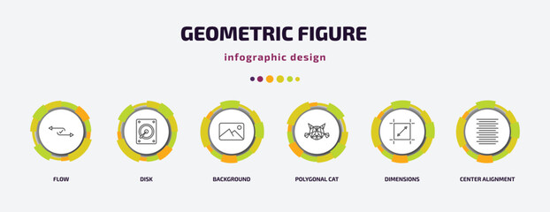 Poster - geometric figure infographic template with icons and 6 step or option. geometric figure icons such as flow, disk, background, polygonal cat, dimensions, center alignment vector. can be used for