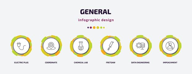 Poster - general infographic template with icons and 6 step or option. general icons such as electric plug, coordinate, chemical lab, fretsaw, data engineering, impeachment vector. can be used for banner,