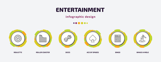 Poster - entertainment infographic template with icons and 6 step or option. entertainment icons such as roulette, roller coaster, dices, ace of spades, bingo, whack a mole vector. can be used for banner,