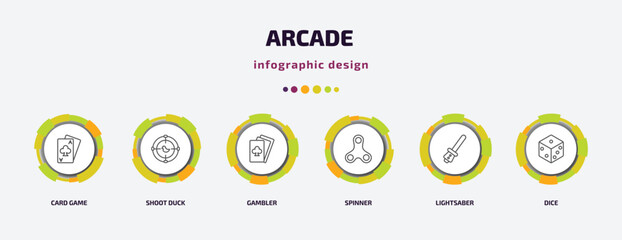 Poster - arcade infographic template with icons and 6 step or option. arcade icons such as card game, shoot duck, gambler, spinner, lightsaber, dice vector. can be used for banner, info graph, web,
