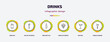 drinks infographic template with icons and 6 step or option. drinks icons such as soda can, sex on the beach, wine bottles, bunch of grapes, cocktail, tequila sunrise vector. can be used for banner,