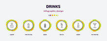 Drinks Infographic Template With Icons And 6 Step Or Option. Drinks Icons Such As Liquor, Tom Collins, Grain, Mai Tai, Vodka, 007 Martini Vector. Can Be Used For Banner, Info Graph, Web,
