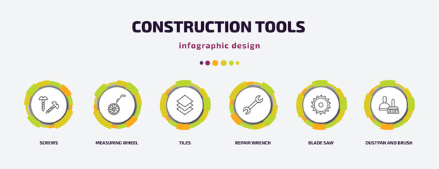 Poster - construction tools infographic template with icons and 6 step or option. construction tools icons such as screws, measuring wheel, tiles, repair wrench, blade saw, dustpan and brush vector. can be