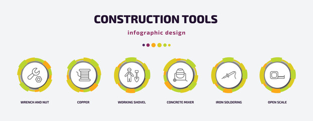 Poster - construction tools infographic template with icons and 6 step or option. construction tools icons such as wrench and nut, copper, working shovel, concrete mixer, iron soldering, open scale vector.