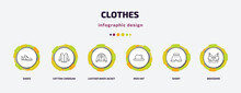 Clothes Infographic Template With Icons And 6 Step Or Option. Clothes Icons Such As Shoes, Cotton Cardigan, Leather Biker Jacket, Men Hat, Short, Brassiere Vector. Can Be Used For Banner, Info