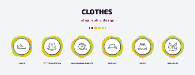 clothes infographic template with icons and 6 step or option. clothes icons such as shoes, cotton cardigan, leather biker jacket, men hat, short, brassiere vector. can be used for banner, info