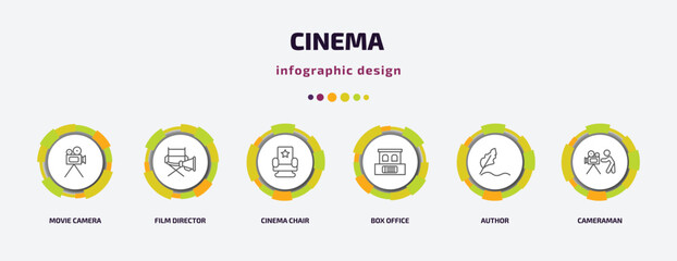 Poster - cinema infographic template with icons and 6 step or option. cinema icons such as movie camera, film director, cinema chair, box office, author, cameraman vector. can be used for banner, info graph,