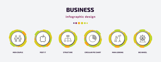 Poster - business infographic template with icons and 6 step or option. business icons such as men couple, post it, structure, circular pie chart, man looking, big wheel vector. can be used for banner, info