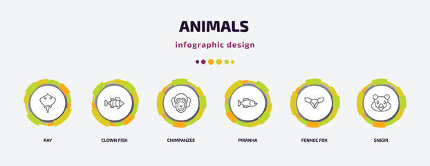 Poster - animals infographic template with icons and 6 step or option. animals icons such as ray, clown fish, chimpanzee, piranha, fennec fox, snigir vector. can be used for banner, info graph, web,