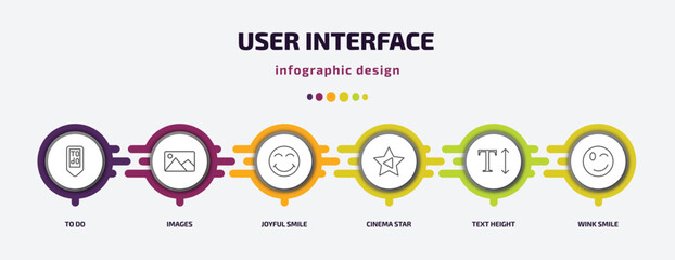 Aufkleber - user interface infographic template with icons and 6 step or option. user interface icons such as to do, images, joyful smile, cinema star, text height, wink smile vector. can be used for banner,