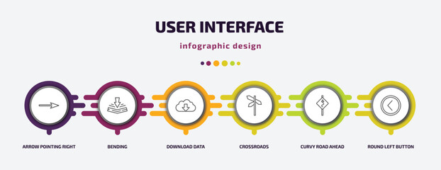 Poster - user interface infographic template with icons and 6 step or option. user interface icons such as arrow pointing right, bending, download data, crossroads, curvy road ahead, round left button