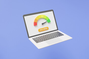 Poster - Minimal cartoon Arrow point Pointer rating high scale test speed internet on computer notebook speed status green speedometer icon performance, technology, investment network. 3d render illustration