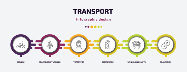 Aufkleber - transport infographic template with icons and 6 step or option. transport icons such as bicycle, space rocket launch, tram stop, semaphore, school bus empty, transition vector. can be used for