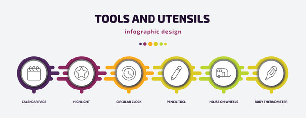 Poster - tools and utensils infographic template with icons and 6 step or option. tools and utensils icons such as calendar page, highlight, circular clock, pencil tool, house on wheels, body thermometer