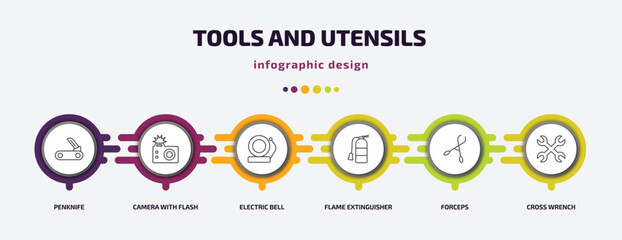 Poster - tools and utensils infographic template with icons and 6 step or option. tools and utensils icons such as penknife, camera with flash, electric bell, flame extinguisher, forceps, cross wrench