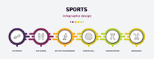 Sports Infographic Template With Icons And 6 Step Or Option. Sports Icons Such As Gym Weight, Shin Guards, Boy With Skatingboard, Exercise Ball, Dancing Motion, Breakdance Vector. Can Be Used For