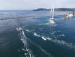 鳴門海峡大橋と船と渦潮の空撮写真