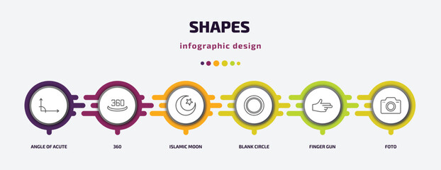 Poster - shapes infographic template with icons and 6 step or option. shapes icons such as angle of acute, 360, islamic moon, blank circle, finger gun, foto vector. can be used for banner, info graph, web,