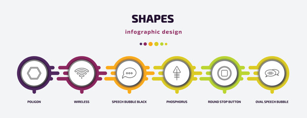 Poster - shapes infographic template with icons and 6 step or option. shapes icons such as poligon, wireless, speech bubble black, phosphorus, round stop button, oval speech bubble vector. can be used for