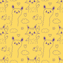 Hand Drawn Line Art Cartoon Doodle Animal Seamless Pattern In Vector. Repeated Forest Animal Illustrations On The Yellow Background EPS
