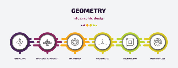 Wall Mural - geometry infographic template with icons and 6 step or option. geometry icons such as perspective, polygonal jet aircraft, icosahedron, coordinates, bounding box, metatron cube vector. can be used