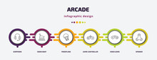 Arcade Infographic Template With Icons And 6 Step Or Option. Arcade Icons Such As Earphone, Swan Boat, Paraplane, Game Controller, Video Game, Spinner Vector. Can Be Used For Banner, Info Graph,