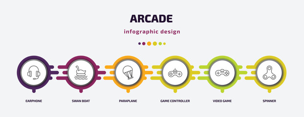 Poster - arcade infographic template with icons and 6 step or option. arcade icons such as earphone, swan boat, paraplane, game controller, video game, spinner vector. can be used for banner, info graph,