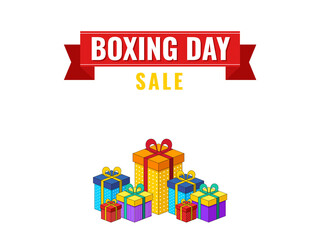 Sticker - Boxing Day Sale Poster Design With Colorful Realistic Gift Boxes Against Background.