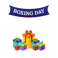 Poster - Boxing Day Sale Poster Design With Colorful Realistic Gift Boxes Against Background.