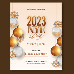 Sticker - 2023 NYE Party Flyer Or Invitation Card Decorated Realistic Baubles, Snowflakes And Venue Details.