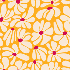 Wall Mural - Retro groovy flower power background. Vintage 1970s floral seamless pattern. Hippie fun wallpaper. 1960s vector print for fabric, wrapping paper, stationery