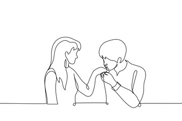 Wall Mural - man kissing woman's hand - one line drawing vector. concept gentleman