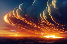 Dramatic Sky Background With Space For Design. Dark Glowing Storm Clouds. Lightning Fiery Bright Flash Explosion In The Sky. Horror, Scary, Creepy