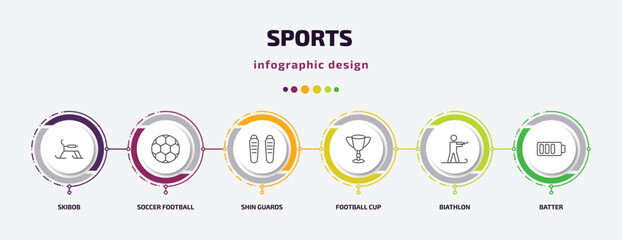 Poster - sports infographic template with icons and 6 step or option. sports icons such as skibob, soccer football ball, shin guards, football cup, biathlon, batter vector. can be used for banner, info