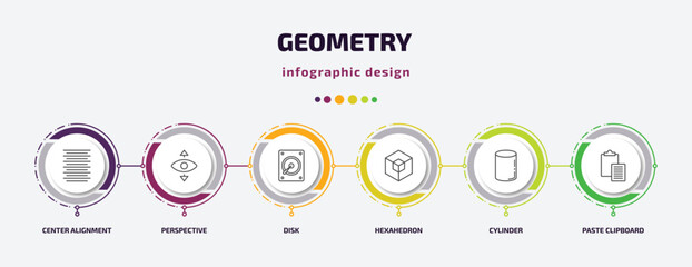Poster - geometry infographic template with icons and 6 step or option. geometry icons such as center alignment, perspective, disk, hexahedron, cylinder, paste clipboard vector. can be used for banner, info
