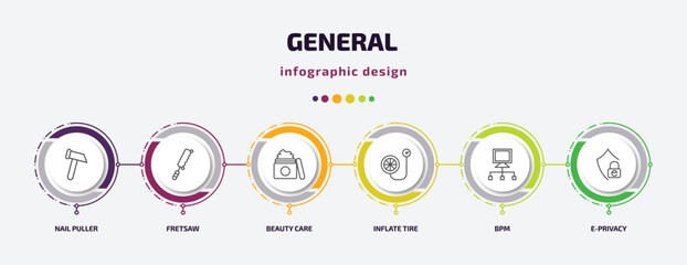Poster - general infographic template with icons and 6 step or option. general icons such as nail puller, fretsaw, beauty care, inflate tire, bpm, e-privacy vector. can be used for banner, info graph, web,