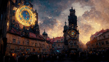 AI generated image of a medieval astronomical clock in old town square in Prague	
