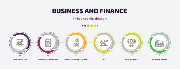 Poster - business and finance infographic template with icons and 6 step or option. business and finance icons such as data analytics, printing documents, analytic visualization, dot, merge charts, increase