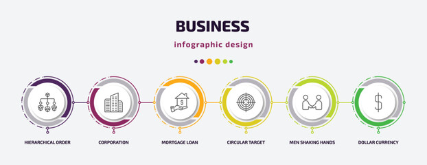 Poster - business infographic template with icons and 6 step or option. business icons such as hierarchical order, corporation, mortgage loan, circular target, men shaking hands, dollar currency vector. can