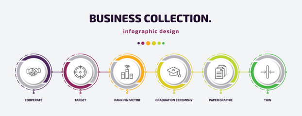Poster - business collection. infographic template with icons and 6 step or option. business collection. icons such as cooperate, target, ranking factor, graduation ceremony, paper graphic, thin vector. can