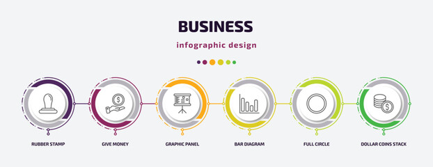 Poster - business infographic template with icons and 6 step or option. business icons such as rubber stamp, give money, graphic panel, bar diagram, full circle, dollar coins stack vector. can be used for